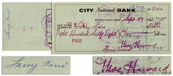Moe Howard Check Signed to Larry Fine in Red Ink -- Endorsed by Larry on Verso -- Dated 27 September 1961 -- Some Smudging, Very Good Condition
